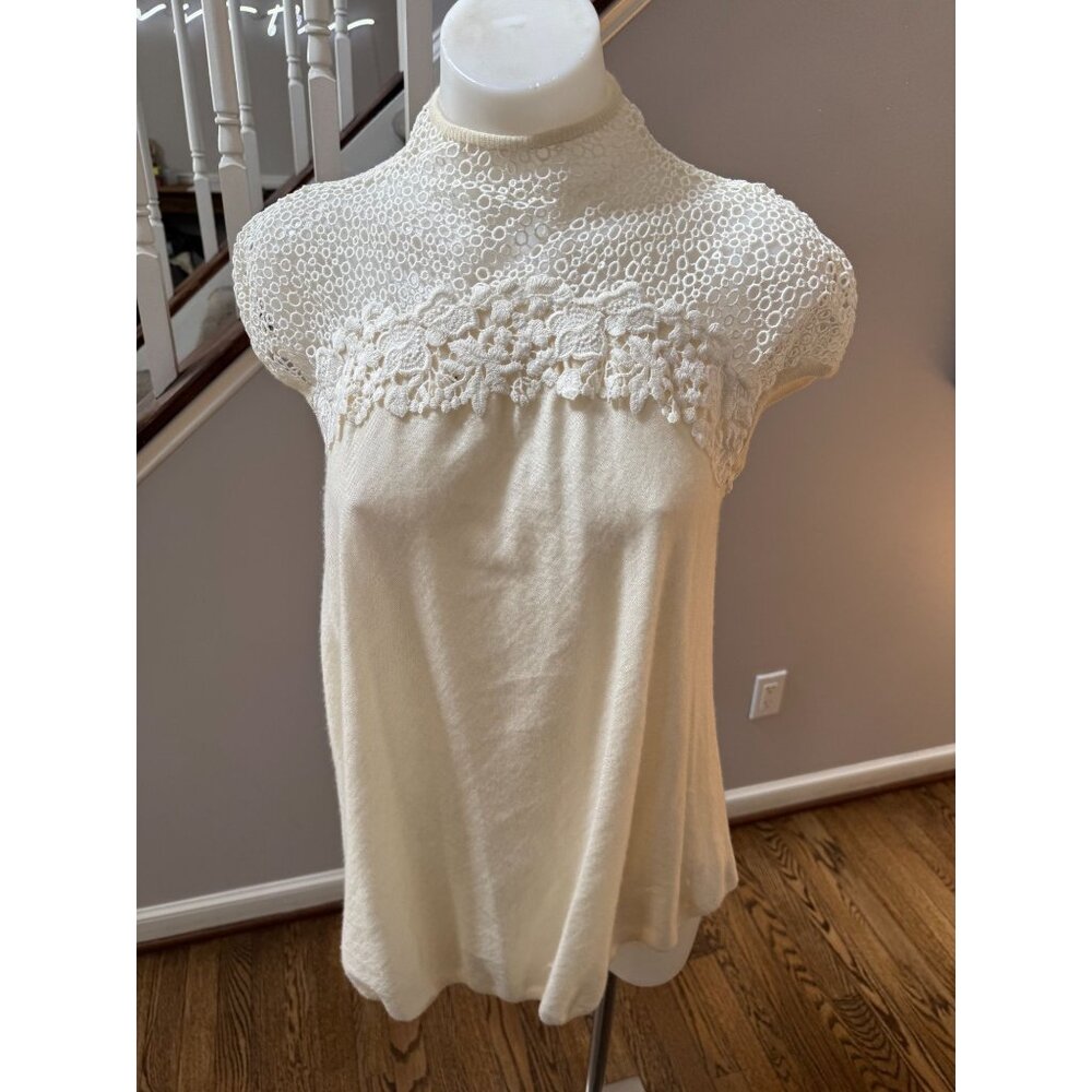 Lace Yoke Cream Mock Crewneck Top